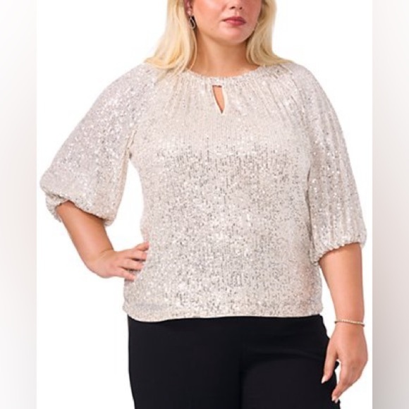 Vince Camuto sequin keyhole neck blouse silver - Picture 1 of 3